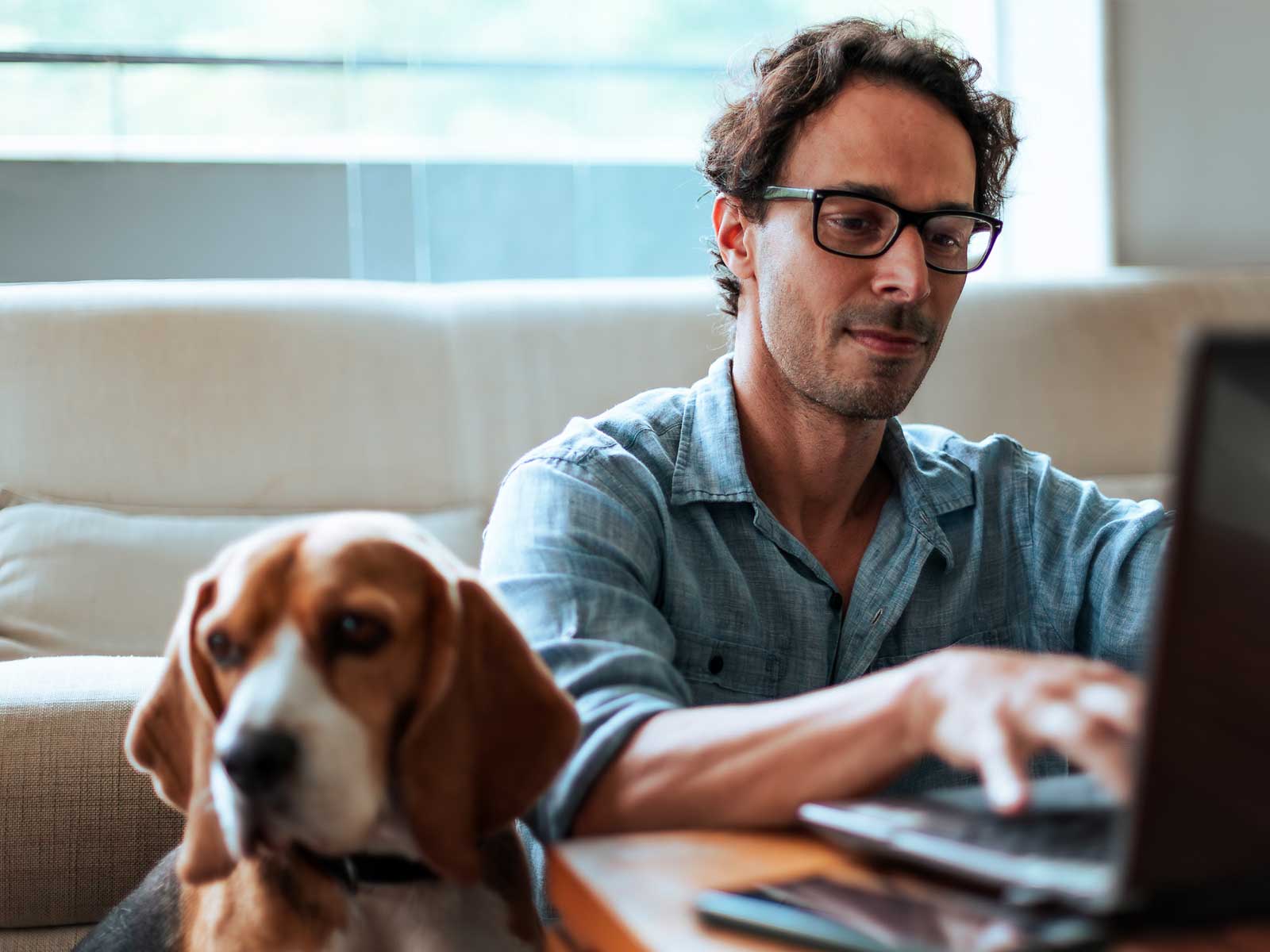 HR employee reading a Well-Being Program buyers guide on his computer with his dog