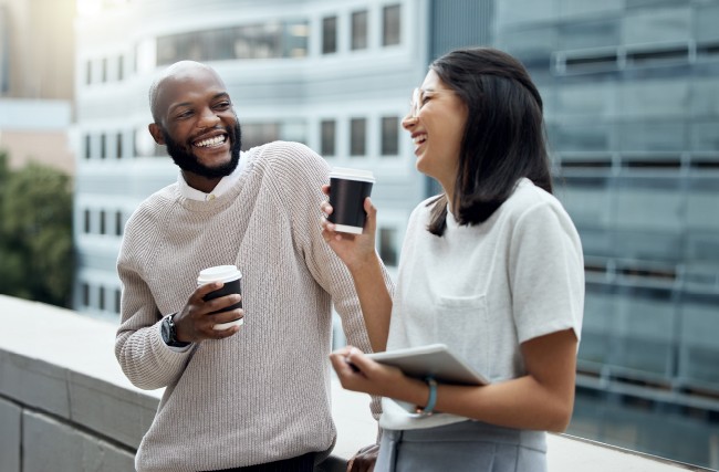 Two employees making social connections at work